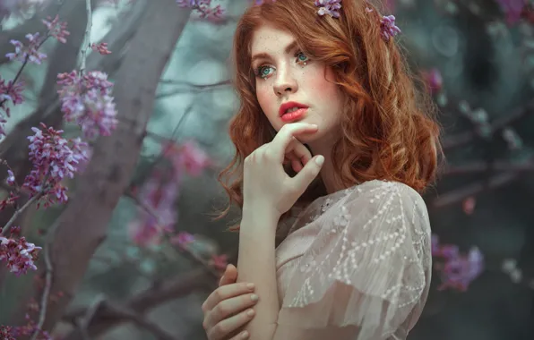 Картинка цветы, взгляд, рыжая, природа, лицо, девушка, Evgeny Loza, губы