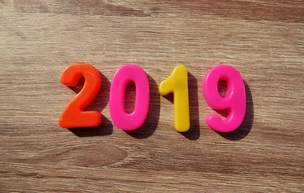 Фон, colorful, Новый Год, цифры, wood, New Year, Happy, 2019