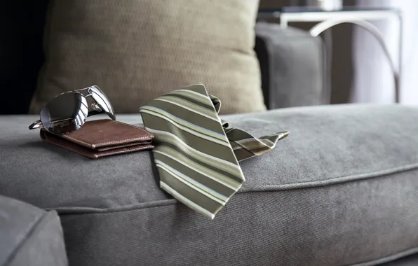 Картинка диван, очки, галстук, кошелёк