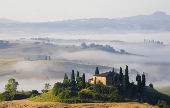 Картинка пейзаж, природа, туман, холмы, поля, дома, утро, Toscana