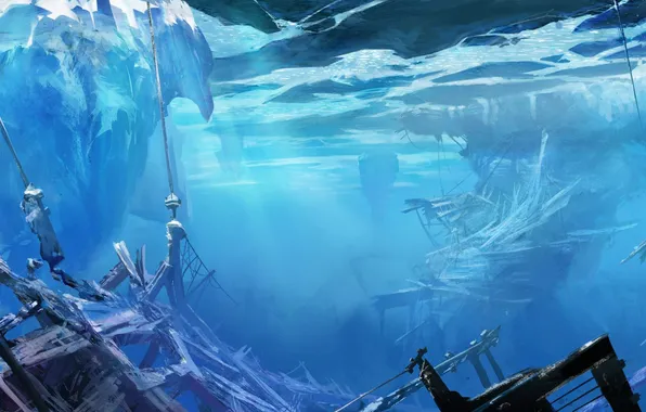 Картинка обломки, корабль, арт, льдины, под водой, Neal Hanson, heerlo