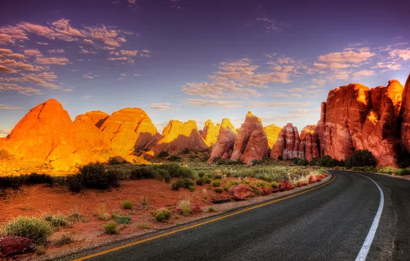 Картинка дорога, лето, скалы, пустыня, USA, США, национальный парк, юта