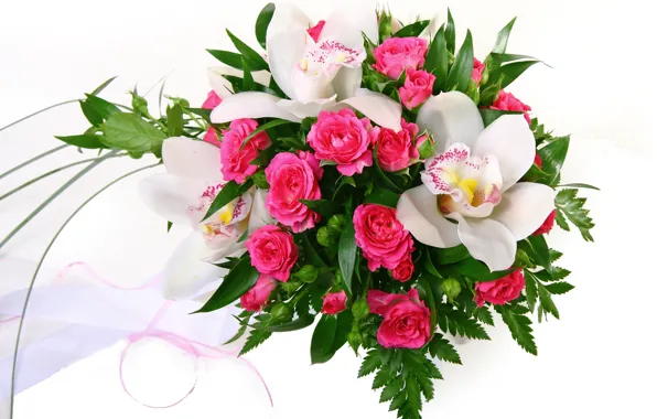 Розы, букет, розовые, орхидеи, orchid, roses, bouquets