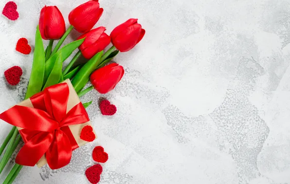 Любовь, цветы, подарок, букет, лента, тюльпаны, красные, red