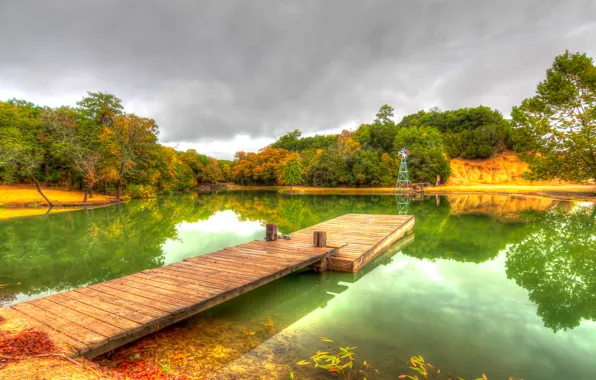 Картинка осень, вода, деревья, пруд, парк, отражение, причал
