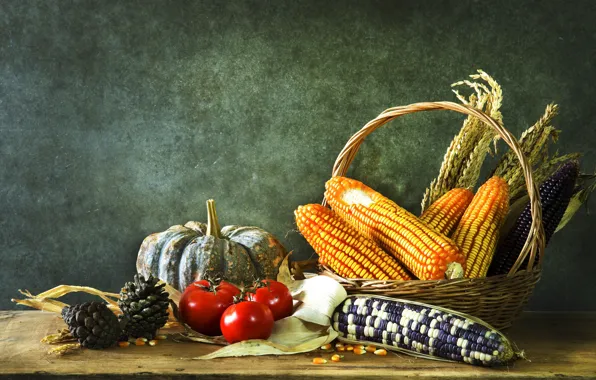 Картинка кукуруза, Тыква, помидоры, чеснок, ассорти