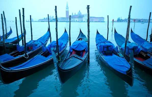 Утро, Венеция, канал, раннее, гондолы, watercourse