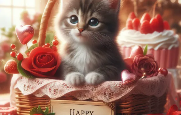 Кошка, взгляд, свет, любовь, цветы, поза, ягоды, котенок
