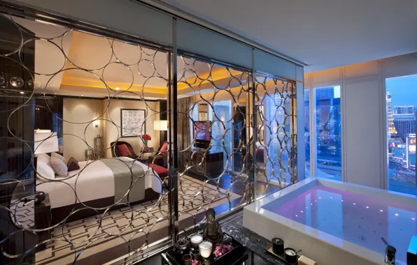 Кровать, ванна, отель, Лас Вегас, спальня, Las Vegas, hotel, interior