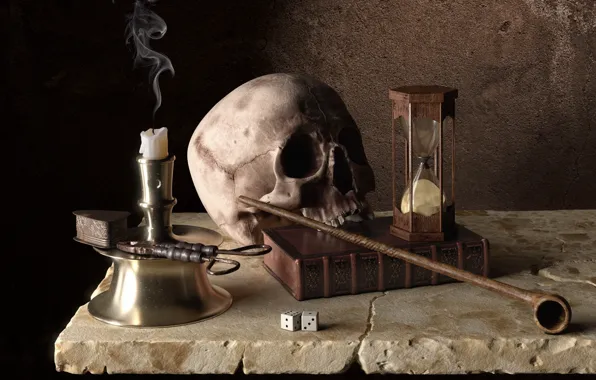 Время, череп, свеча, трубка, арт, кости, книга, песочные часы