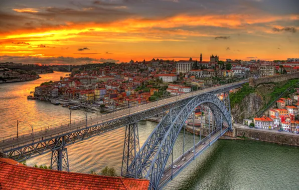 Закат, мост, река, дома, вечер, канал, Португалия, Porto
