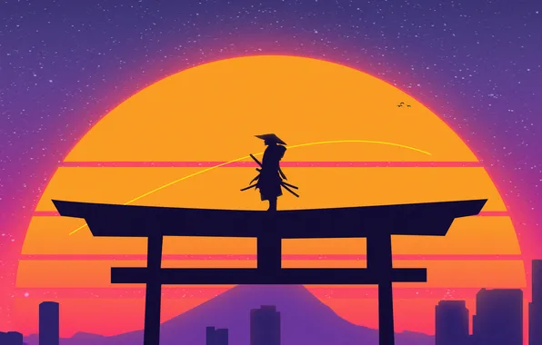 Картинка city, samurai, warrior, synthwave