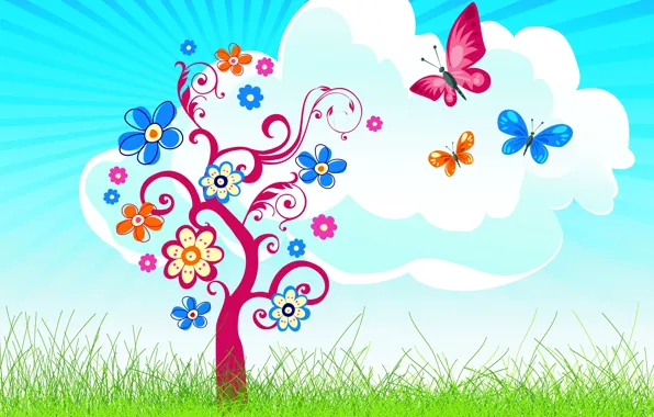 Картинка трава, бабочки, дерево, облако, цветочки