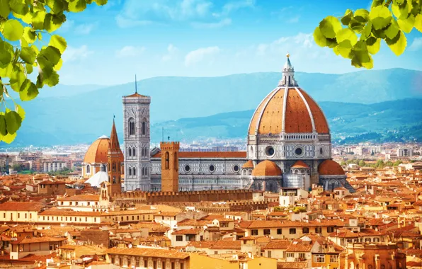 Картинка листья, пейзаж, горы, дома, крыши, Италия, дворец, Florence