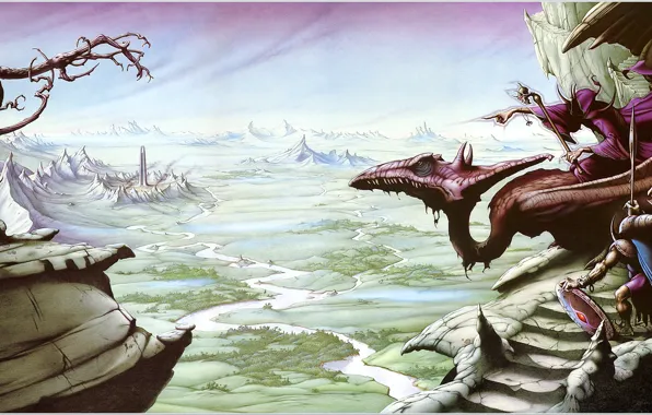 Пейзаж, фантастика, дракон, маг, Rodney Matthews
