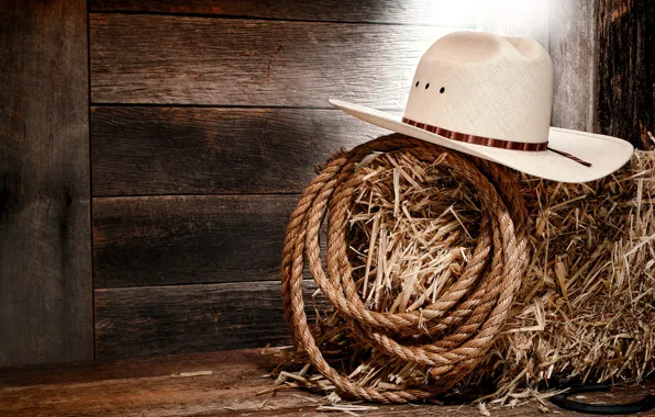 Wall, wood, cowboy, rope, white hat, straw