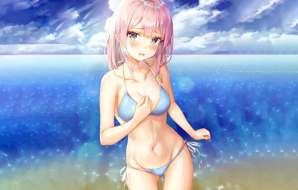 Girl, sexy, cleavage, beach, pink hair, long hair, sea, boobs