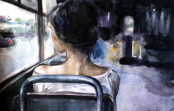 Девушка, одиночество, арт, автобус