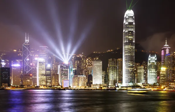 Картинка река, ночные огни, дома, Китай, Гонконг ночь