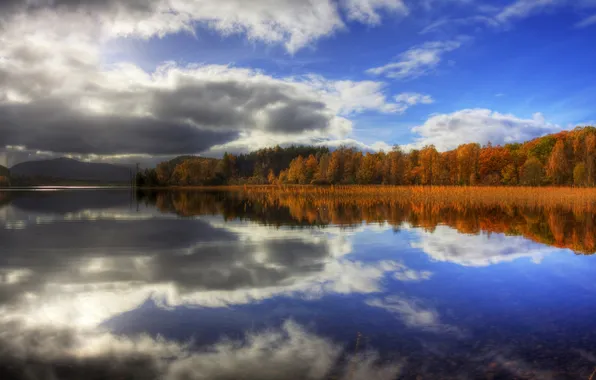 Картинка осень, небо, озеро, зеркало