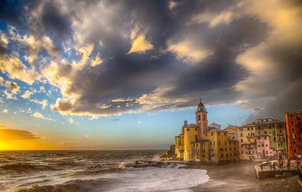 Картинка море, пляж, берег, Италия, церковь, Italy, travel, Camogli