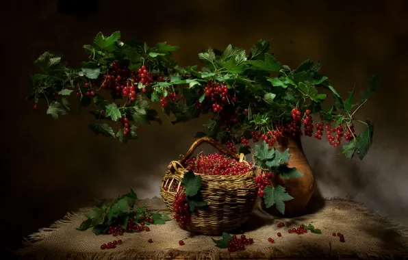 Листья, свет, ягоды, стол, букет, ветка, кувшин, натюрморт