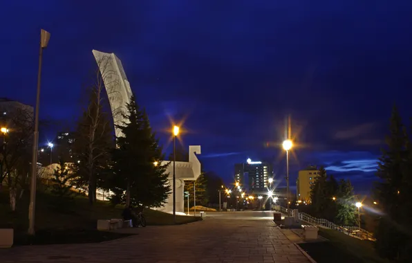 Небо, тучи, дом, здание, вечер, фонари, скульптура, Россия