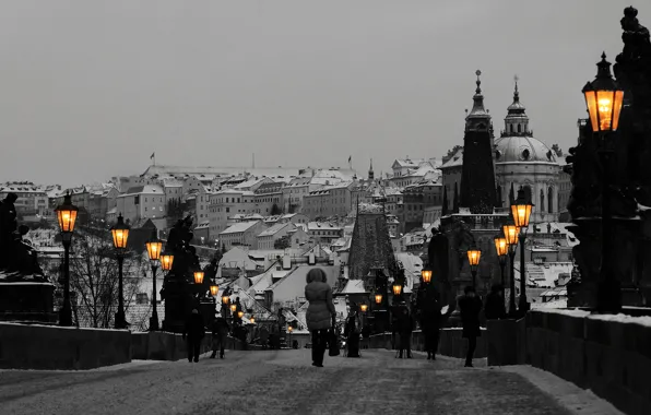 Картинка мост, Прага, Чехия, фонари