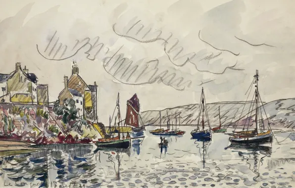 Город, лодка, рисунок, акварель, парус, 1929, Ле-Конке, Поль Синьяк