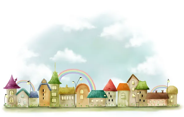 Картинка город, рисунок, здания, дома, радуга, фонари