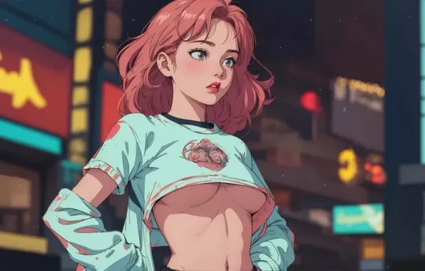 Картинка shorts, short hair, redhead, digital art, big boobs, artwork, belly, blurred