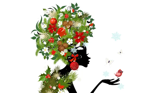 Картинка девушка, бабочки, цветы, птицы, абстракция, girl, шишки, flowers