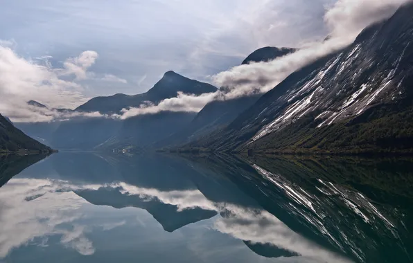 Облака, горы, озеро, отражение, Норвегия, Norway