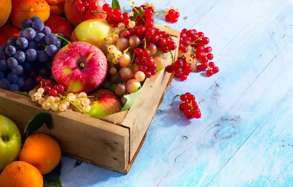 Ягоды, яблоки, виноград, фрукты, ящик, смородина, абрикосы