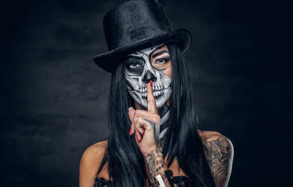 Картинка hat, brunette, makeup, finger, day of the dead