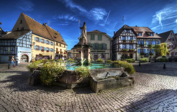 Франция, HDR, дома, площадь, памятник, Eguisheim Alsac