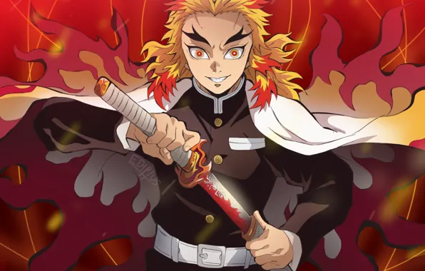 Взгляд, меч, парень, Demon Slayer Kimetsu no Yaiba, Клинок Рассекающий Демонов, Kyojuro Rengoku