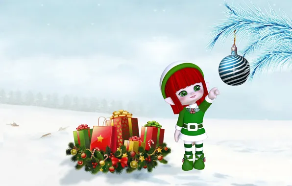 Картинка зима, снег, ветки, праздник, эльф, новый год, шарик, Рождество