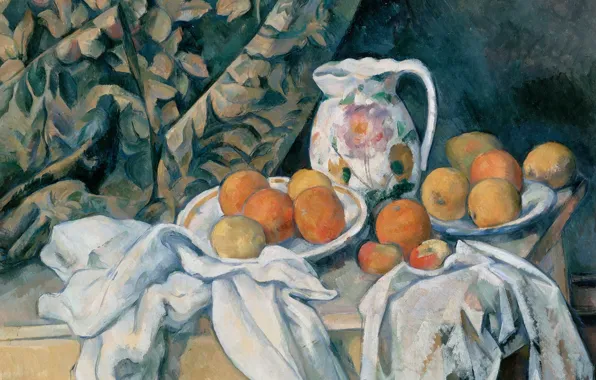 Картинка картина, кувшин, фрукты, Поль Сезанн, Paul Cezanne, Натюрморт с Занавесом