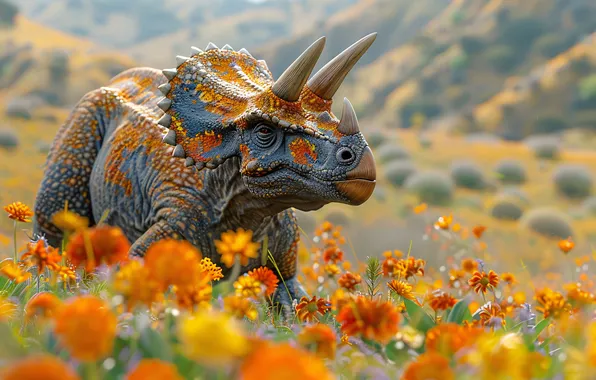 Цветы, Динозавр, Рога, Triceratops, Животное, Цифровое искусство, Трицератопс, Древние животные