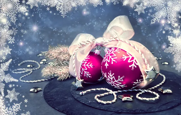 Снежинки, фон, шары, новый год, рождество, лента