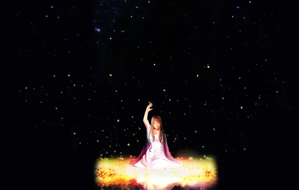 Небо, девушка, звезды, ночь, белое платье, Tanabata