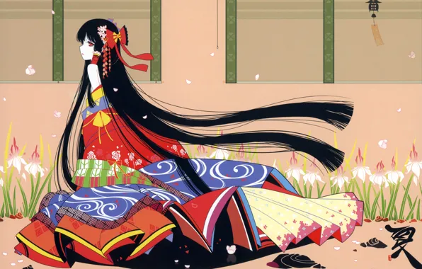 Узор, кимоно, ирисы, длинные волосы, touhou, art, hakurei reimu, Touhou Project