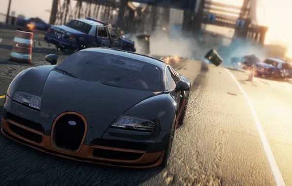 Картинка авария, гонка, полиция, погоня, Bugatti Veyron Super Sport, need for speed most wanted 2
