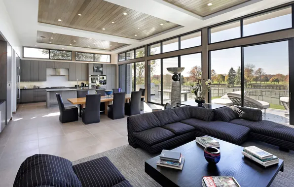 Интерьер, кухня, гостиная, столовая, Modern Ranch, современное ранчо