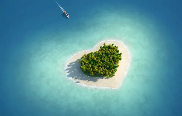 Картинка море, острова, любовь, тропики, пальмы, сердце, катер, Love island