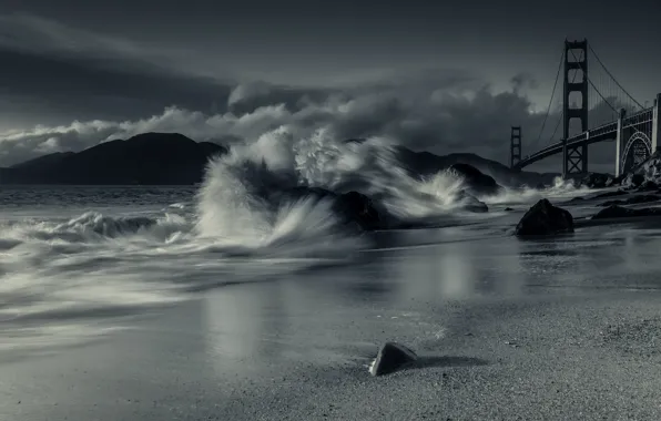 Волны, небо, мост, Калифорния, залив, Сан-Франциско, California, San Francisco