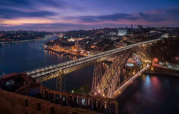 Картинка мост, огни, вечер, Португалия, Порту, Douro river, Dom Luis Bridge