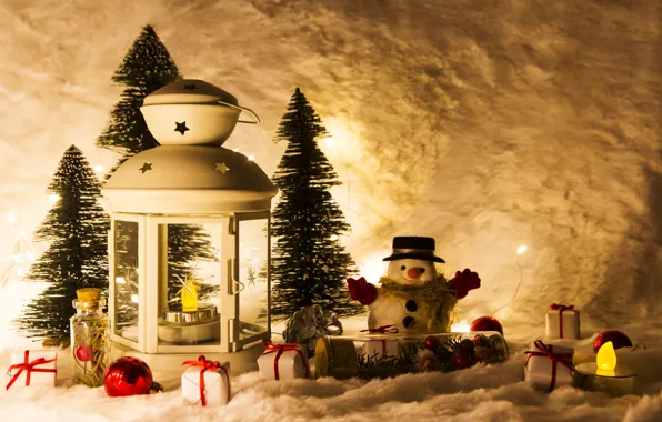 Зима, снег, украшения, Новый Год, Рождество, фонарь, подарки, Christmas