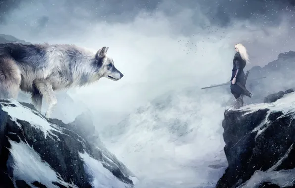 Картинка снег, горы, волк, Девушка